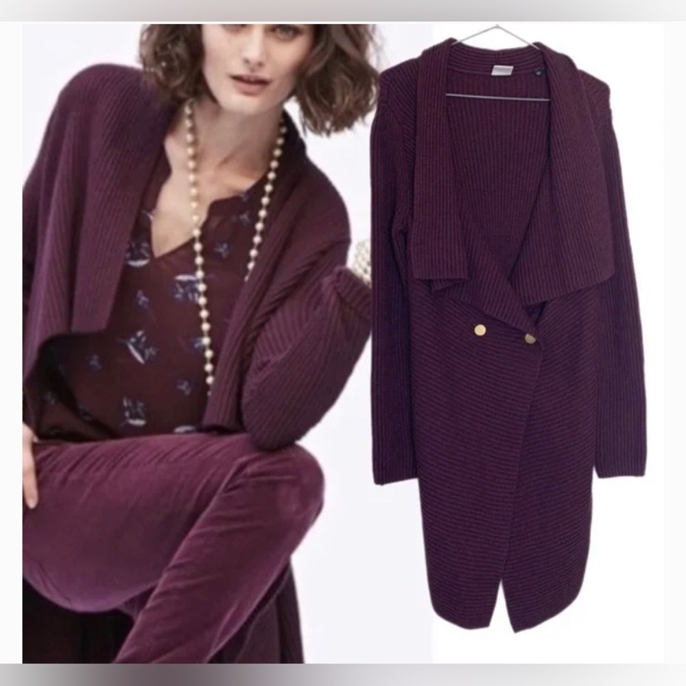 CABI Cardigan Sweater Mulberry Ribbed Angora Wool Blend Lagenlook Maroon Red